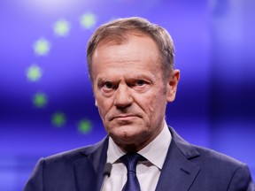 European Council President Donald Tusk makes a statement with Ireland's prime minister on February 6, 2019, at the European Council headquarters in Brussels. (Photo by Aris Oikonomou / AFP)