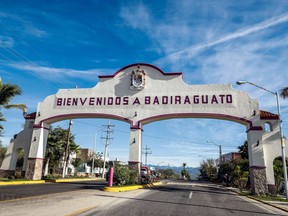 View of an entrance reading "Welcome to Badiraguato" in Badiraguato, Mexican mobster Joaquin "El Chapo" Guzman's hometown, in Sinaloa State, Mexico on February 8, 2019.