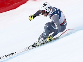 Norway's Aleksander Aamodt Kilde speeds down the course during the downhill portion of the men's combined, at the alpine ski World Championships in Are, Sweden, Monday, Feb.11, 2019.