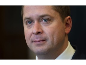 Leader of the Opposition Andrew Scheer speaks with the media in the Foyer of the House of Commons in West Block, Monday February 25, 2019, in Ottawa.