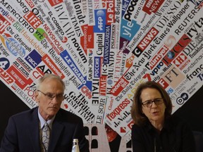BishopAccountability.org group director Phil Saviano, left, and co-director Anne Barrett Doyle, attend a press conference at the foreign press association in Rome, Tuesday Feb. 19, 2019.