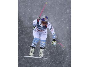 United States' Lindsey Vonn speeds down the course during the downhill portion of the women's combined, at the alpine ski World Championships in Are, Sweden, Friday, Feb. 8, 2019.