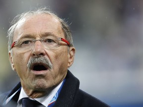 FILE - In this Friday, Feb. 1, 2019 file photo, France head coach Jacques Brunel shouts out before the Six Nations rugby union international between France and Wales at the Stade de France in Saint Denis near Paris. An expression does the rounds each time France's struggling rugby team throws away yet another winning position. "C'est dans la Tete" (It's in the Mind), players past and present agree. Brunel continues to say France does not have a psychological weakness, despite his side losing nine out of 12 matches.