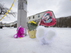 A small memorial near the location where the lifeless body of 11-year-old Riya Rajkumar was found, Feb. 15, 2019..