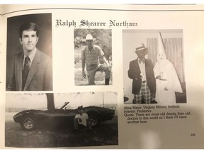 This image shows Virginia Gov. Ralph Northam's page in his 1984 Eastern Virginia Medical School yearbook. The page shows a picture, at right, of a person in blackface and another wearing a Ku Klux Klan hood next to different pictures of the governor. It's unclear who the people in the picture are, but the rest of the page is filled with pictures of Northam and lists his undergraduate alma mater and other information about him. (Eastern Virginia Medical School via AP)