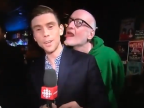 Comic actor Boyd Banks nuzzled and licked CBC's Chris Glover while the journalist was in the middle of reporting, prompting many media members to criticize the video as an example of the kind of harassment journalists in the field are often subjected to.