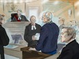 Defence lawyer James Miglin, left to right, Justice John McMahon, court registrar, Bruce McArthur, Crown Attorney Michael Cantlon, Detective Hank Idsinga, and friends and family of victims, back right, are shown in this court sketch in Toronto on Tuesday, January 29, 2019.
