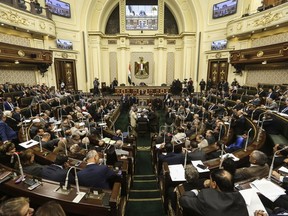 Egypt's Parliament meets to deliberate over constitutional amendments that could allow President Abdel-Fattah el-Sissi to stay in office till 2034, in Cairo Egypt, Wednesday, Feb 13, 2019. Wednesday's session will lead to a vote later in the evening or on Thursday, after which the text of the amendments would be finalized by a special committee for a final decision within two months. El-Sissi's current second term expires in 2022. (AP Photo)