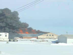 The active fire that burned down the fish processing plant in Cap-Pele, N.B. on Feb. 24.