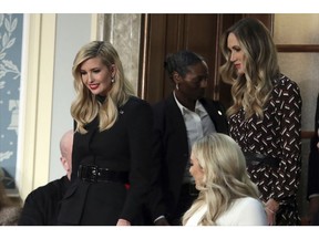 Ivanka Trump, left, and Lara Trump arrive to hear President Donald Trump deliver his State of the Union address to a joint session of Congress on Capitol Hill in Washington, Tuesday, Feb. 5, 2019. Tiffany Trump is at bottom right.