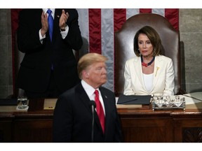 President Donald Trump delivers his State of the Union address to a joint session of Congress on Capitol Hill in Washington, as Vice President Mike Pence and Speaker of the House Nancy Pelosi, D-Calif., watch, Tuesday, Feb. 5, 2019.