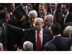 President Donald Trump departs after the State of the Union address to a joint session of Congress on Capitol Hill in Washington, Tuesday, Feb. 5, 2019.