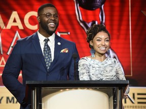 Winston Duke, left, and Logan Browning announce nominations for the 50th annual NAACP Image Awards during TV One's Winter Television Critics Association Press Tour on Wednesday, Feb. 13, 2019, in Pasadena, Calif.