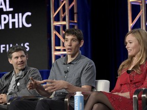 Mikey Schaefer, from left, Alex Honnold and Sanni McCandless participate in the "Free Solo" panel during the National Geographic portion of the TCA Winter Press Tour on Friday, Feb. 8, 2019, in Pasadena, Calif.