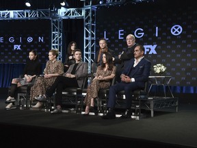 Lauren Tsai, from front row left, Rachel Keller, Dan Stevens, Aubrey Plaza, Navid Negahban, Lauren Shuler-Donner, and from back row left, Noah Hawley, and Jeph Loeb participate in the "Legion" panel during FX TCA Winter Press Tour on Monday, Feb. 4, 2019, in Pasadena, Calif.