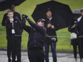 Phil Mickelson tees off on the 10th hole during the first round of the Genesis Open golf tournament at Riviera Country Club Thursday, Feb. 14, 2019, in the Pacific Palisades area of Los Angeles.