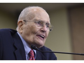 In this July 29, 2015 photo, former Rep. John Dingell, D-Mich., speaks at an event marking the 50th Anniversary of Medicare and Medicaid on Capitol Hill in Washington. A person familiar with the situation says Dingell, the longest serving member of Congress in American history, is receiving hospice care. His wife, U.S. Rep. Debbie Dingell, tweeted Wednesday morning, Feb. 6, 2019, that she was with him at their Michigan home.