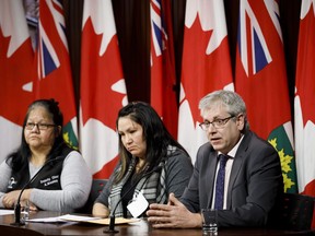 Federal NDP MP Charlie Angus, right, speaks alongside Cat Lake First Nation councillor Joyce Cook, centre, and Cat Lake First Nation deputy chief Abigail Wesley, left, during a press conference at Queen's Park in Toronto on Friday, Feb. 15, 2019. Angus says the death of a 48-year-old woman in Cat Lake First Nation is shaking up community residents and he doesn't know what it will take for the federal government to see there is a health crisis.THE CANADIAN PRESS/Cole Burston