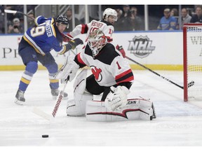 New Jersey Devils goaltender Keith Kinkaid (1) makes a save in the second period of an NHL hockey game against the St. Louis Blues, Tuesday, Feb. 12, 2019, in St. Louis. he Columbus Blue Jackets and New Jersey Devils got the dealing started early on NHL trade deadline day. Columbus acquired goaltender Keith Kinkaid from New Jersey for a 2022 fifth-round pick.