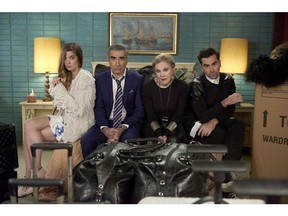Annie Murphy as Alexis Rose, left to right, Eugene Levy as Johnny Rose, Catherine O'Hara as Moira Rose and Dan Levy as David Rose in CBC's comedy Schitt's Creek pose in an undated handout photo. The CBC series "Anne with an E" and "Schitt's Creek" are the leading nominees for this year's Canadian Screen Awards.