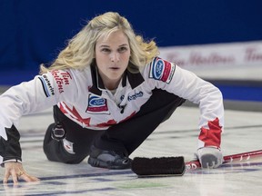 Canada skip Jennifer Jones watches her shot as they face Sweden during the gold medal game at the World Women's Curling Championship Sunday, March 25, 2018 in North Bay, Ont. Jennifer Jones is back at the Scotties Tournament of Hearts on an exemption as Team Canada. Rachel Homan had a guaranteed spot too before locking up the Ontario berth.