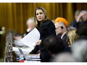 Minister of Foreign Affairs Chrystia Freeland stands during question period in the House of Commons in the West Block of Parliament Hill in Ottawa on Tuesday, Jan. 29, 2019. Weather in Toronto has thrown a wrench in the foreign affairs minister's itinerary at an international gathering in Washington where world leaders are talking about the fight against Islamic State militants in Syria and Iraq.
