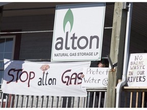 Protesters gather at the Alton Natural Gas Storage LP office in Stewiacke, N.S., on October 4, 2016. The company heading a controversial project that would see natural gas stored in huge underground caverns north of Halifax has gone to court to gain access to its protest-blocked work site. Alton Natural Gas LP says it has filed an application in the Supreme Court of Nova Scotia requesting safe access to its Alton River facilities near Shubenacadie, and seeking to remove protesters who are trespassing on its property and who have "consistently" blocked access to the site.
