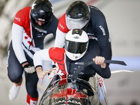Canada's Justin Kripps, Ryan Sommer, Cameron Stones, and Benjamin Coakwell, compete during the four-man World Cup bobsled event in Calgary, Sunday, Feb. 24, 2019. Double gold is difficult, but doable, according to Canadian bobsled pilot Justin Kripps.Canada has never won both two-man and four-man gold at a single world championship. In fact, a Canadian crew hasn't won a world four-man title since 1965.