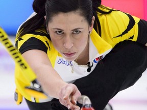 Manitoba second Jill Officer throws while taking on New Brunswick at the Scotties Tournament of Hearts in Penticton, B.C., on Tuesday, Jan. 30, 2018. Officer is joining Team Chelsea Carey as a fifth at upcoming world women's curling championship.