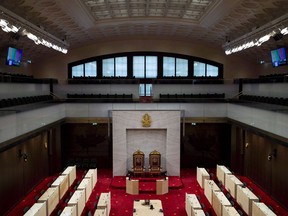 The new temporary Senate Chamber at the Senate of Canada Building, formerly the Government Conference Centre, is shown in Ottawa on December 13, 2018. The long-delayed introduction of cameras to broadcast meetings of the Senate is proceeding after a shaky start. The House of Commons has been televised for more than 40 years but the Senate is only beginning to broadcast meetings in its main chamber with a move into a temporary home while Centre Block is being renovated. A special engineer was brought in to deal with the wobbly cameras, which were attributed to "natural vibrations and inherent movements" endemic to older structures. The new Senate chamber was retrofitted into a former train station in downtown Ottawa, a block off Parliament Hill, that opened in 1912. It's older than Centre Block, which had to be rebuilt after a devastating fire in 1916.