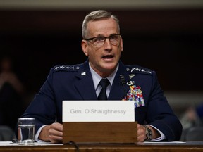 Air Force Gen. Terrence O'Shaughnessy testifies during a Senate Armed Services Committee hearing on Capitol Hill in Washington, Tuesday, April 17, 2018. The commander of North America's early warning system is urging Canada and the U.S. to get on with upgrading the continent's defences as the countries face an array of threats unmatched since the Cold War.