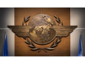 The International Civil Aviation Organization (ICAO) logo is seen in the main meeting hall, in Montreal on Tuesday, Sept. 27, 2016. Montreal has been chosen as one of four cities to host United Nations service centres under a proposal that would see the international body consolidate some administrative operations in select locations around the globe.