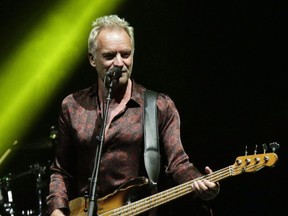 In this Oct. 19, 2018, file photo, singer Sting performs during a concert with singer Shaggy, not in frame, as part of their 'The 44/876' tour in Panama City. Sting is bringing his musical about labour strife to Oshawa, Ont., in a show of support for those affected by the planned shutdown of the city's General Motors plant.
