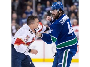 Vancouver Canucks' Erik Gudbranson, right, and Florida Panthers' Micheal Haley fight during the first period of an NHL hockey game in Vancouver, on Sunday January 13, 2019. he Vancouver Canucks have traded defenceman Erik Gudbranson to the Pittsburgh Penguins for winger Tanner Pearson, according to multiple media reports.