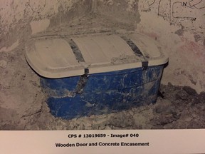 The container investigators allege was used to contain the body of Lisa Mitchell is seen in this undated police handout image which was entered into evidence in the trial of Allan Shyback, who was convicted of manslaughter and indignity to a body in the 2012 death of Lisa Mitchell. A man who strangled his wife and concealed her body in a wall of their home after enduring what he described as years of domestic abuse is scheduled for his first parole hearing today. Allan Shyback was convicted of manslaughter and indignity to a body in the 2012 death of Lisa Mitchell. He was originally sentenced to seven years in prison, but the Alberta Court of Appeal increased it to 10 years. Shyback testified at his trial that he killed Mitchell in defence as she attacked him with a knife.