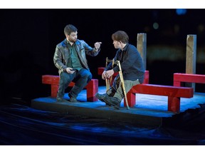 Actors Pat Dempsey (left) and Paul David Power are shown in a scene from the play "Crippled." A Newfoundland playwright says his battle for a visa to perform in the United States shows the barriers independent artists face when telling diverse stories. The U.S. Department of Homeland Security rejected a detailed application to bring Power's autobiographical play "Crippled" to perform at a San Francisco theatre. THE CANADIAN PRESS/HO-Power Productions MANDATORY CREDIT