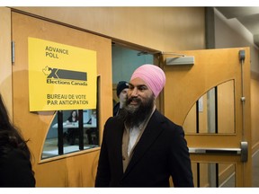 NDP Leader Jagmeet Singh leaves an advance poll after casting his ballot for the federal byelection in Burnaby South, in Burnaby, B.C., on February 15, 2019. The stakes are high for NDP Leader Jagmeet Singh in a Metro Vancouver byelection race, but an expert says recent Liberal turmoil has been a "gift" to his campaign. The 40-year-old former Ontario legislator has lacked a voice in Parliament since becoming party leader in the fall of 2017. Now he finally has his chance in Burnaby South as voters in the riding cast their ballots on Monday after a six-week race.