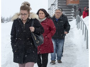 Christina Haugan, left, wife of coach Darcy Haugan who died in the 2018 Humboldt hockey team bus crash, and other family and friends of victims leave after the final arguments in the sentencing hearings for Jaskirat Singh Sidhu, the driver of the truck that collided with the bus carrying the Humboldt Broncos hockey team, at the courthouse in Melfort, Sask., on January 31, 2019. An emotional sentencing hearing for the truck driver who caused the deadly Humboldt Broncos bus crash laid bare the unrelenting pain of family members who lost loved ones in the sudden tragedy. There were heartbreaking accounts of grief and anger, and calls for the maximum prison time possible. But there were also glimmers of compassion, as some including widow Christina Haugan pledged forgiveness and peace.