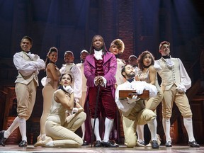 The cast of the Chicago production of "Hamilton," is shown in a handout photo. Plays based on "Room," and the musical smash "Hamilton" are to hit Mirvish theatres next year.