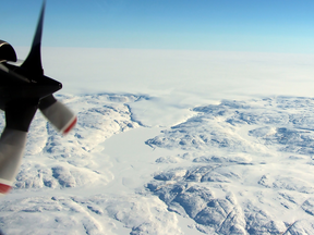 The Hiawatha impact crater, which was discovered in November 2018, covered by the Greenland Ice Sheet.