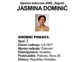 This screenshot provided by the Croatian Interior Ministry on Monday, Feb. 18, 2019 shows a missing persons information sheet for Jasmina Dominic who was reported missing in 2005 but was last seen in 2000.
