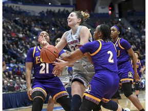 Connecticut's Katie Lou Samuelson (33) is fouled in the first half of an NCAA college basketball game against East Carolina Wednesday, Feb. 6, 2019 in Hartford, Conn.