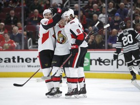 Ottawa Senators right wing Bobby Ryan (9) celebrates with teammates after his goal against the Chicago Blackhawks during the first period of an NHL hockey game Monday, Feb. 18, 2019, in Chicago.