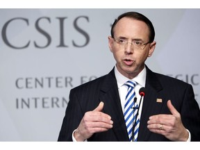 Deputy Attorney General Rod Rosenstein speaks at a Center for Strategic and International Studies (CSIS) event on the rule of law, Monday, Feb. 25, 2019, in Washington.  Rosenstein says the Justice Department has "no business making allegations against American citizens" unless it can prove accusations beyond a reasonable doubt in court.