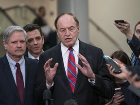 From left, Sen. John Hoeven, R-N.D., Rep. Tom Graves, R-Ga., and Sen. Richard Shelby, R-Ala., the top Republican on the bipartisan group bargainers working to craft a border security compromise in hope of avoiding another government shutdown, speak with reporters after a briefing with officials about the US-Mexico border, on Capitol Hill in Washington, Wednesday, Feb. 6, 2019. Shelby is chairman of the Senate Appropriations Committee.