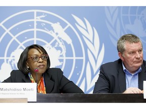 Matshidiso Moeti, left, World Health Organization (WHO) Regional Director for Africa, sitting next to Mike Ryan, right, WHO Assistant Director-General for Emergencies, informs to the media about of update on WHO Ebola operations in the Democratic Republic of the Congo (DRC) during a press conference, at the European headquarters of the United Nations in Geneva, Switzerland, Friday, Feb. 1, 2019.