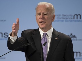 Former Vice President Joe Biden delivers his speech during the Munich Security Conference in Munich, Germany, Saturday, Feb. 16, 2019.