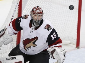 Arizona Coyotes goaltender Darcy Kuemper defends the goal during the first period of an NHL hockey game against the Dallas Stars in Dallas, Monday, Feb. 4, 2019.