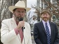 Proud Boys founder Gavin McInnes, left, discusses a lawsuit he filed against the Southern Poverty Law Center during a news conference in Montgomery, Ala., on Monday, Feb. 4, 2019. His attorney, Baron Coleman, listens on the right. McInnes contends the nonprofit organization wrongly labeled the far-right Proud Boys a hate group.