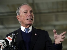 Potential Democratic presidential candidate Michael Bloomberg speaks to media after a tour of the WH Bagshaw Company, a pin and precision component manufacturer, Tuesday Jan. 29, 2019, in Nashua, N.H.